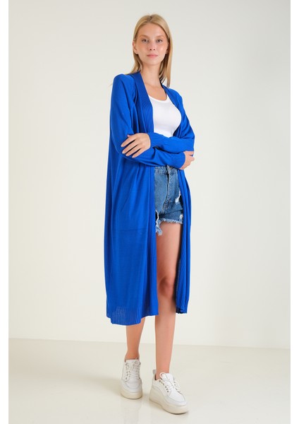 Kadın Oversize Cepli Uzun Hırka Saks Mavi