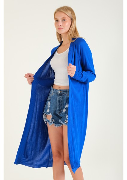 Kadın Oversize Cepli Uzun Hırka Saks Mavi