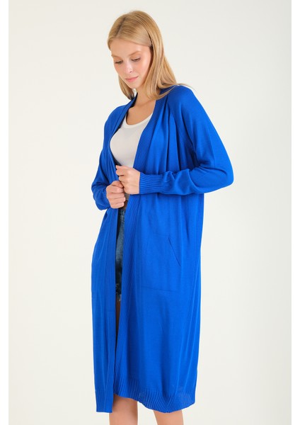 Kadın Oversize Cepli Uzun Hırka Saks Mavi