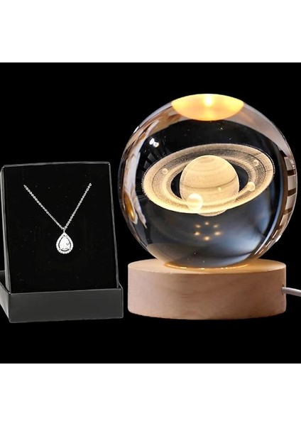 Işıklı Ahşap Kaideli Satürn Cam Küre 6cm Damla Kolye Hediyeli