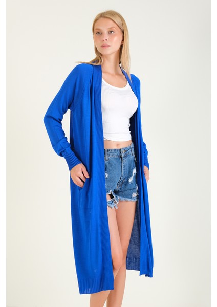 Kadın Oversize Cepli Uzun Hırka Saks Mavi