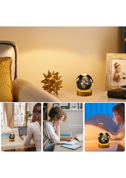 Isme Özel Büyük Boy Işıklı Ahşap Kare Kaideli Ay ve Astronot Temalı Cam Küre 8cm modelleri