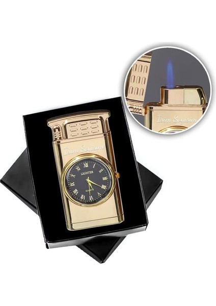 Kişiye Özel Işıklı Saatli Gold Renk Çakmak