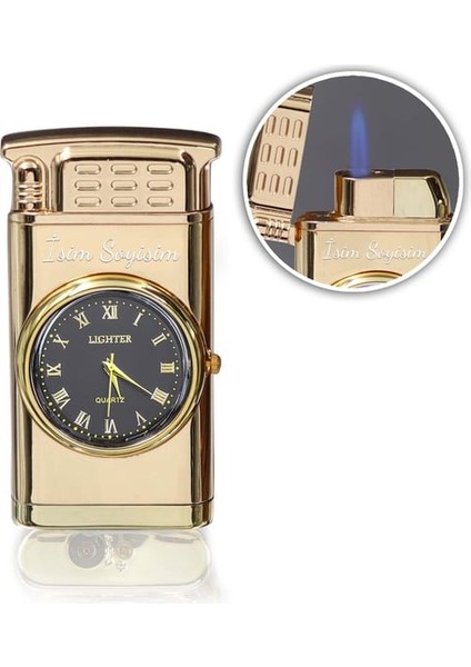 Kişiye Özel Işıklı Saatli Gold Renk Çakmak fiyatları