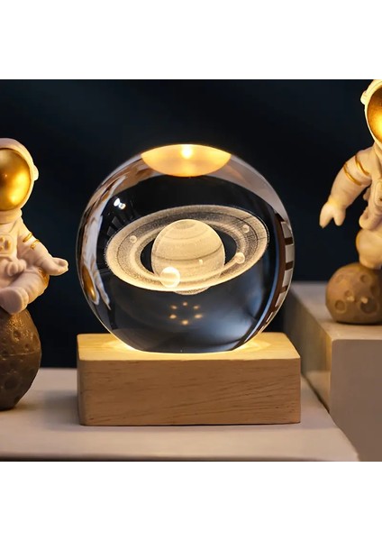 Isme Özel Büyük Boy Işıklı Ahşap Kare Kaideli Satürn Temalı Cam Küre 8cm
