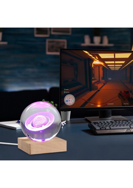 Isme Özel Büyük Boy Işıklı Ahşap Kare Kaideli Satürn Temalı Cam Küre 8cm