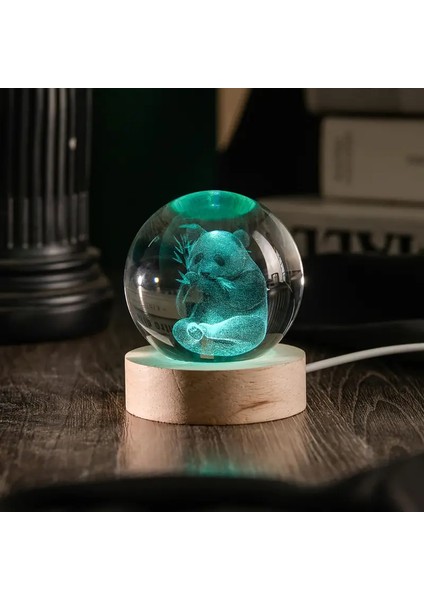 Isme Özel Büyük Boy Renkli Işıklı Ahşap Kaideli Panda Temalı Cam Küre 8cm