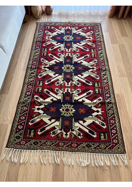 111X215 cm Geometrik Desenli Modern Boho Stili Kırmızı Mavi Renkli El Dokuma Uşak Kilimi