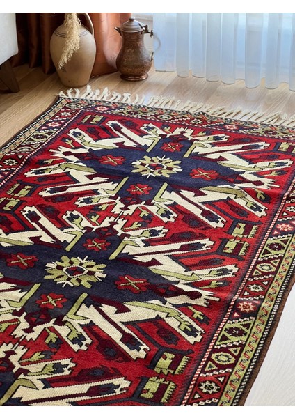 111X215 cm Geometrik Desenli Modern Boho Stili Kırmızı Mavi Renkli El Dokuma Uşak Kilimi fiyatları