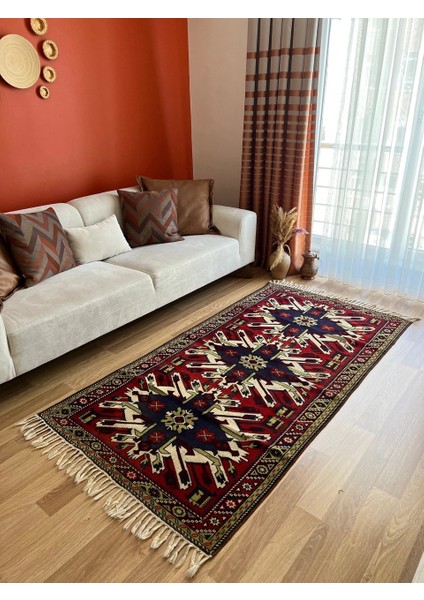 111X215 cm Geometrik Desenli Modern Boho Stili Kırmızı Mavi Renkli El Dokuma Uşak Kilimi indirimleri