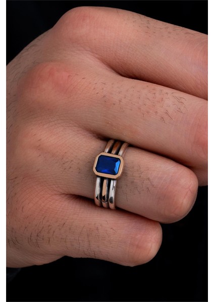Erkek Gümüş Yüzük - Lacivert Safir Taşlı Ince Kibar Erkek Yüzüğü