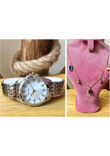 Taşlı Şık Çelik Kadın Kol SAAT+%100 Çelik Kolye Hediye Seti