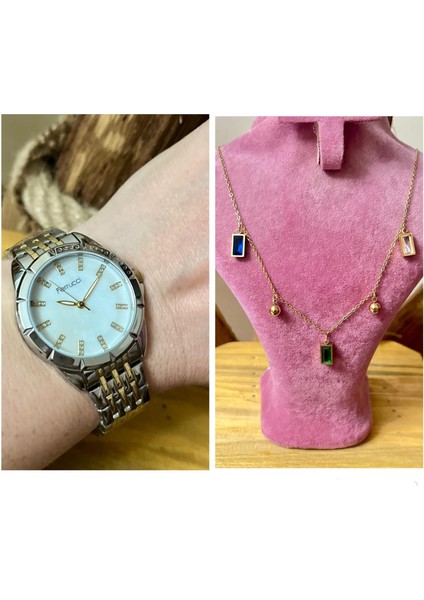 Taşlı Şık Çelik Kadın Kol SAAT+%100 Çelik Kolye Hediye Seti fiyatları
