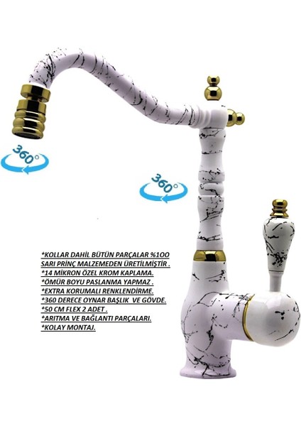 Antik Kısa Beyaz Mermer Desenli Altın Parçalı Lavabo Bataryası
