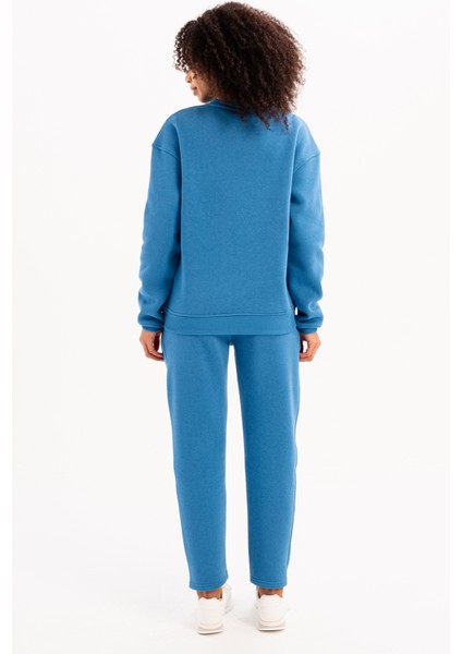 Bisiklet Yaka Nakışlı Şardonlu Içi Polarlı Mavi Kadın Sweatshirt - Rigil modelleri