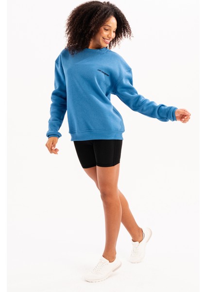 Bisiklet Yaka Nakışlı Şardonlu Içi Polarlı Mavi Kadın Sweatshirt - Rigil indirimleri