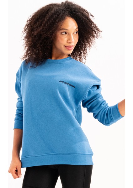 Bisiklet Yaka Nakışlı Şardonlu Içi Polarlı Mavi Kadın Sweatshirt - Rigil