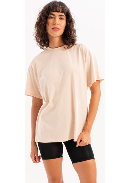 100% Pamuk Oversize Fit Bisiklet Yaka Bej Kadın T-Shirt - Halo