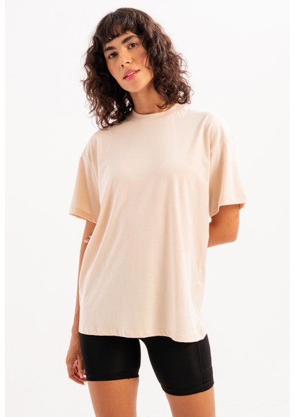100% Pamuk Oversize Fit Bisiklet Yaka Bej Kadın T-Shirt - Halo indirimleri