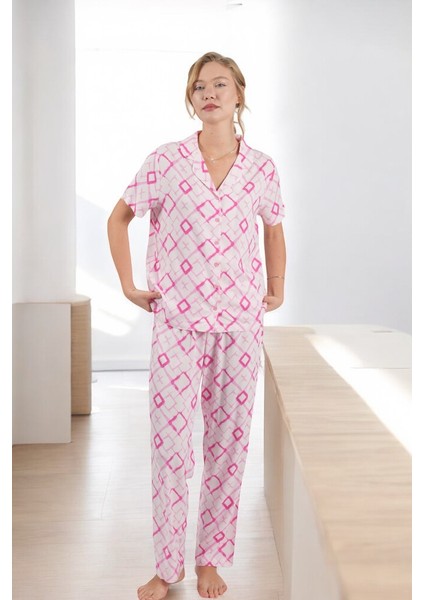 Kadın Geometrik Desen Düğmeli Pijama Takımı