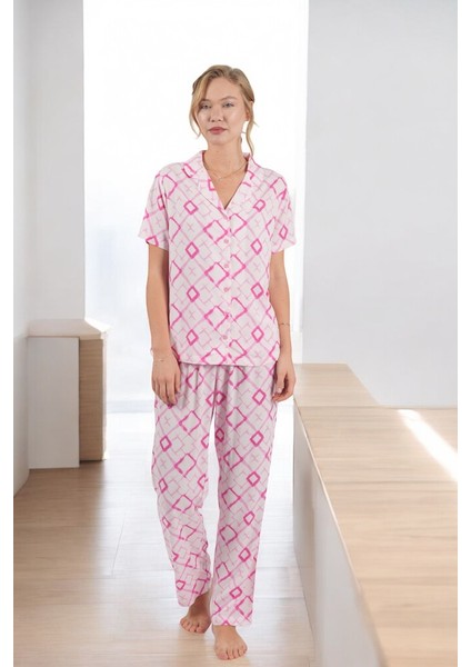 Kadın Geometrik Desen Düğmeli Pijama Takımı