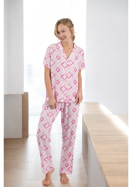 Kadın Geometrik Desen Düğmeli Pijama Takımı