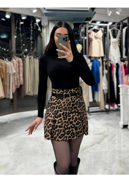 Morni Kemerli Mini Şort Etek Leopar