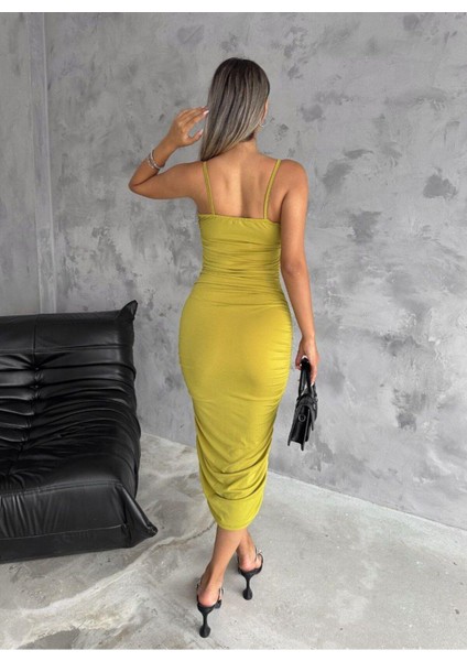 Büzgülü Sandy Kumaş Askılı Elbise