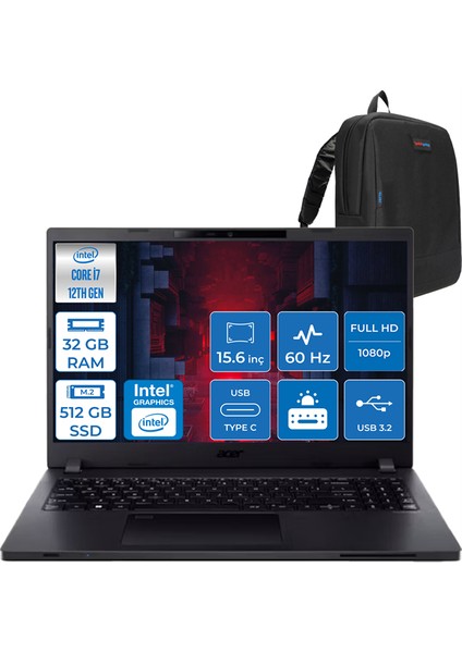 Travelmate P2 TMP215 Intel Core I7-1255U 32GB 512GB SSD Iris Xe Graphics 15.6" Fhd Windows 11 Home Taşınılabilir Bilgisayar 5477EJH06 + Zettaçanta