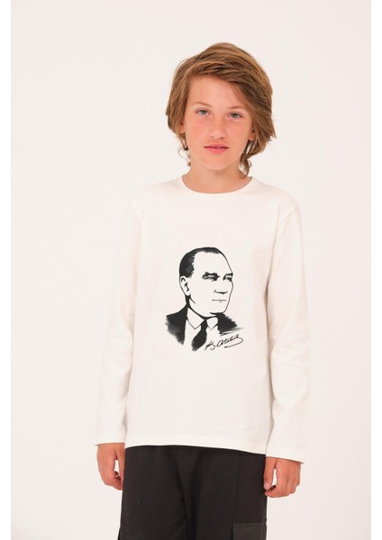 Unisex Çocuk Atatürk Baskılı Uzun Kollu T-Shirt - Beyaz