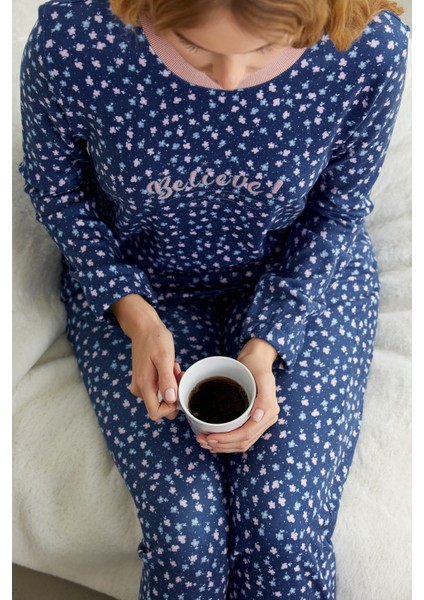 Desenli Yumoş Pijama Takım - Mavi