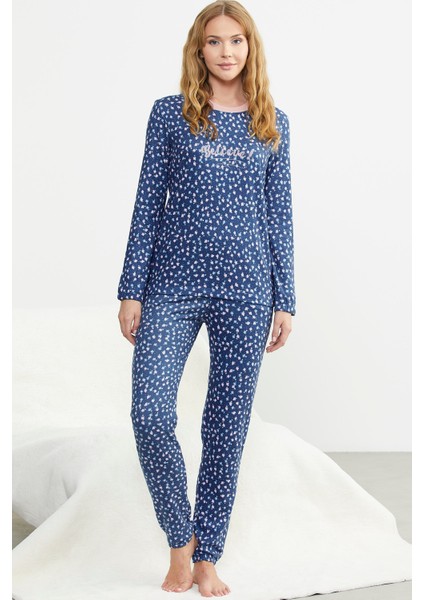 Desenli Yumoş Pijama Takım - Mavi