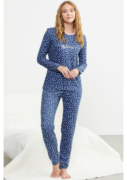 Desenli Yumoş Pijama Takım - Mavi