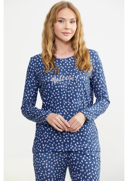 Desenli Yumoş Pijama Takım - Mavi