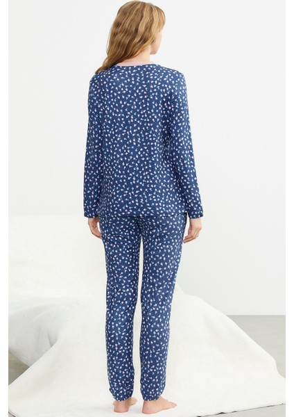 Desenli Yumoş Pijama Takım - Mavi
