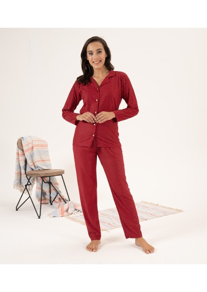 Puantiye Desen Önden Düğmeli Süet Kadın Pijama Takım