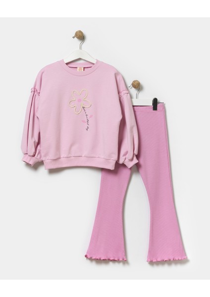 Kız Çocuk Nakışlı Sweatshirt ve Ispanyol Paça Tayt Pamuklu Alt Üst Takım