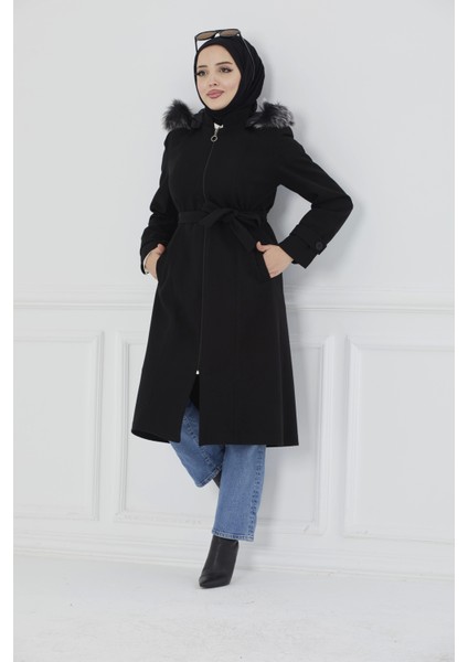 Kapüşonu Kürklü Maxi Boy Kaşe Kaban