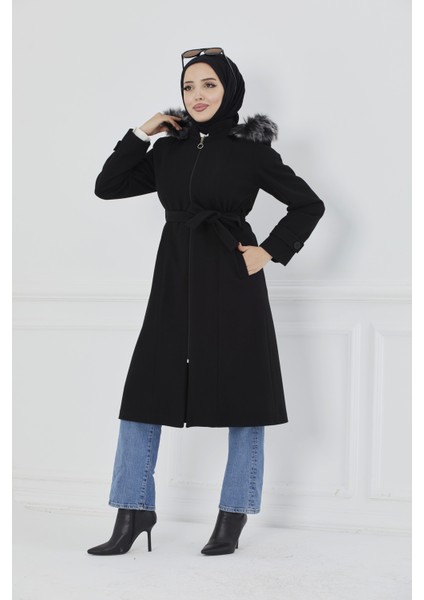 Kapüşonu Kürklü Maxi Boy Kaşe Kaban fiyatları