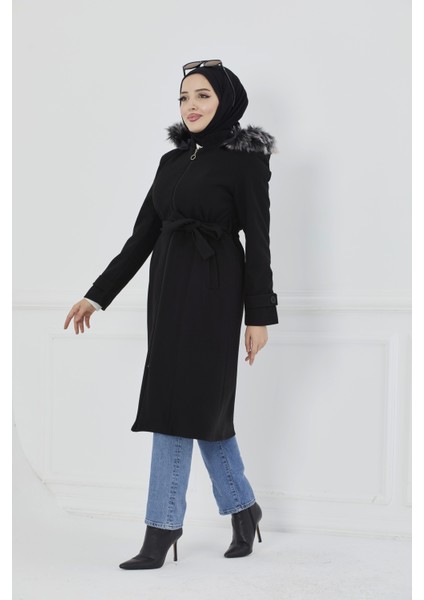 Kapüşonu Kürklü Maxi Boy Kaşe Kaban modelleri