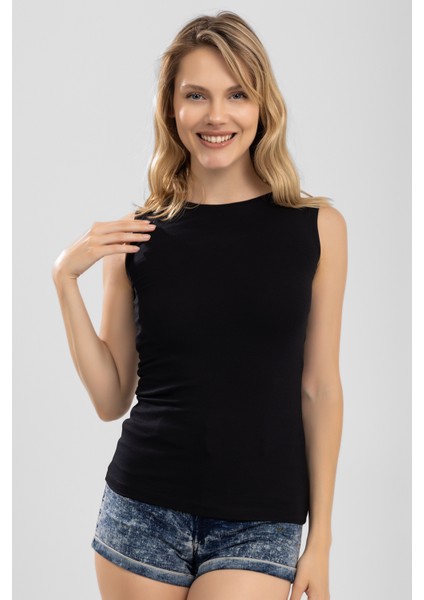 Kadın Bisiklet Yaka Kolsuz Bady / Tişört 6115 Siyah