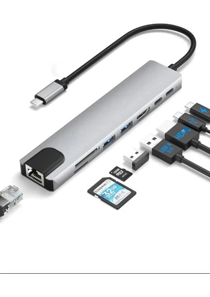 8 In 1ethernet Sd USB Type C Hub HDMI Girişli MacBook Çevirici