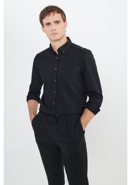 Pamuklu Örme Slim Fit Dar Kesim Düğmeli Yaka Gömlek