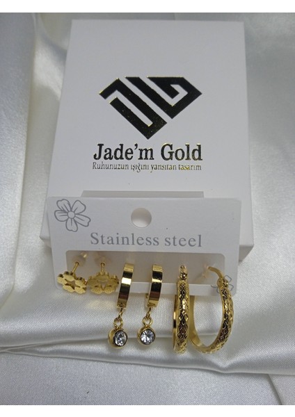 Kadın üçlü çelik gold küpe