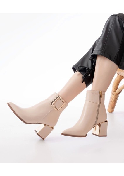 DNZ-400 Bej Toka Aksesuarlı Topuklu Fermuarlı Günlük Kadın Bot fiyatları