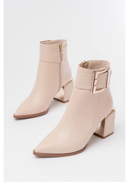DNZ-400 Bej Toka Aksesuarlı Topuklu Fermuarlı Günlük Kadın Bot fırsatları