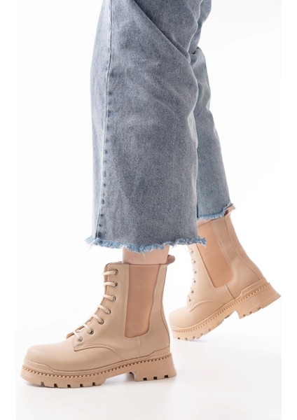 2051-298 Bej Düz Topuklu Bağcıklı Lastikli Günlük Kadın Bot fiyatları