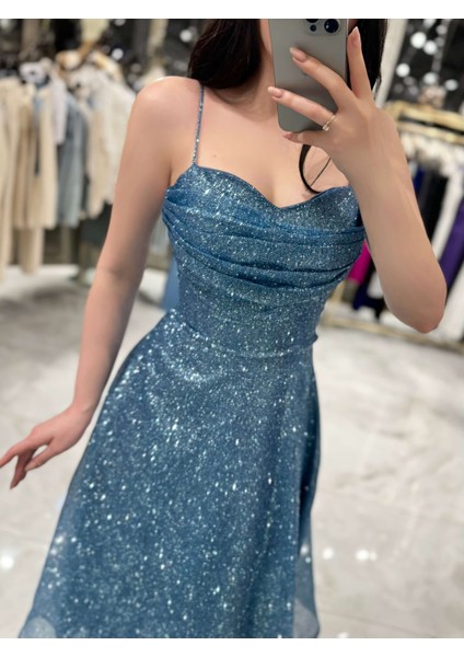 Mariana Önü Drapeli Pul Payet Kemerli Simli Elbise-Bebe Mavi
