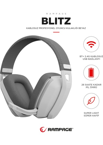 Blıtz Beyaz/gri Wireless 2.4g+ Bluetooth Mikrofonlu Oyuncu Kulaklığı