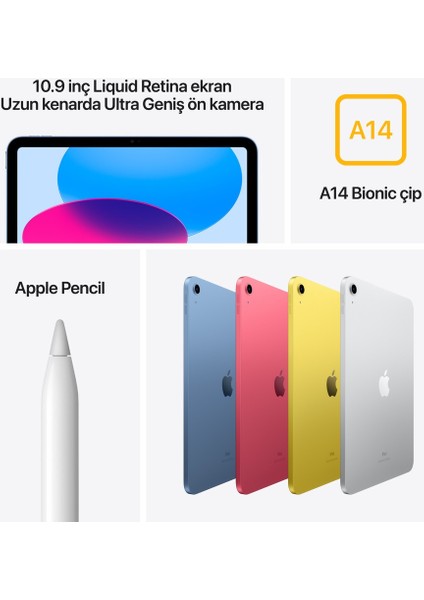 iPad 10.nesil 256GB 10.9" Wi-Fi + Cellular Tablet Gümüş MCMN4TU/A
